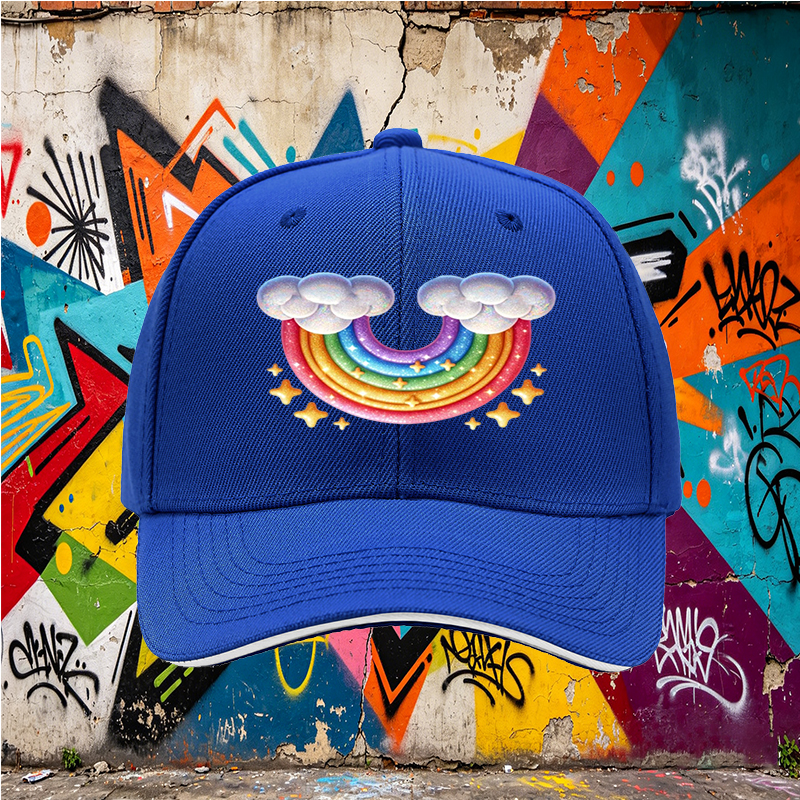 Unisex Classic Sandwich Hat with Rainbow and Cloud Print - Perfect for Outdoor Activities, Festivals, and Casual Wear - Ideal for Adults and Teens Seeking Fun, Colorful Headwear