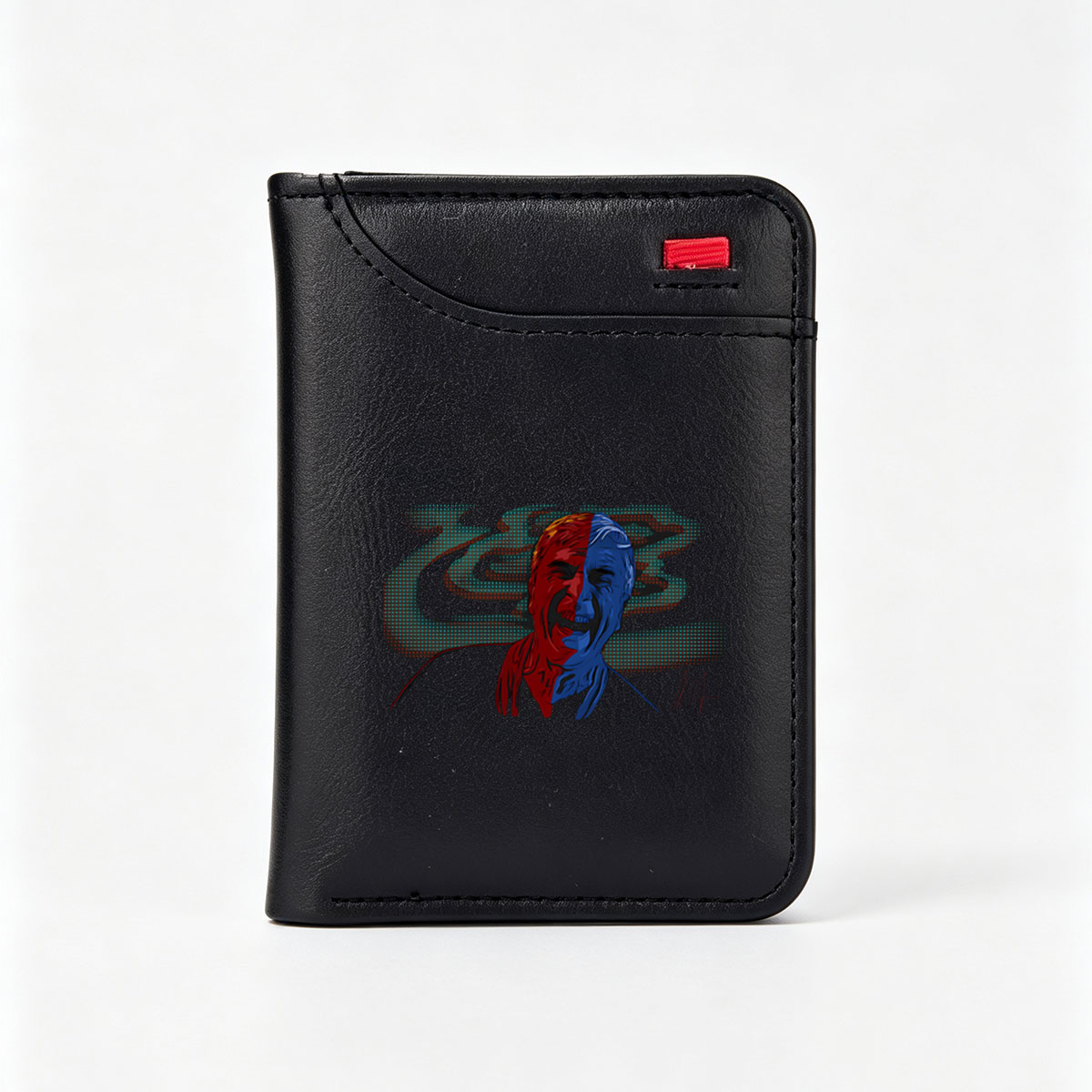 Split-Face Portrait: Red and Blue Duality with Digital Background - Vertical Style Wallet