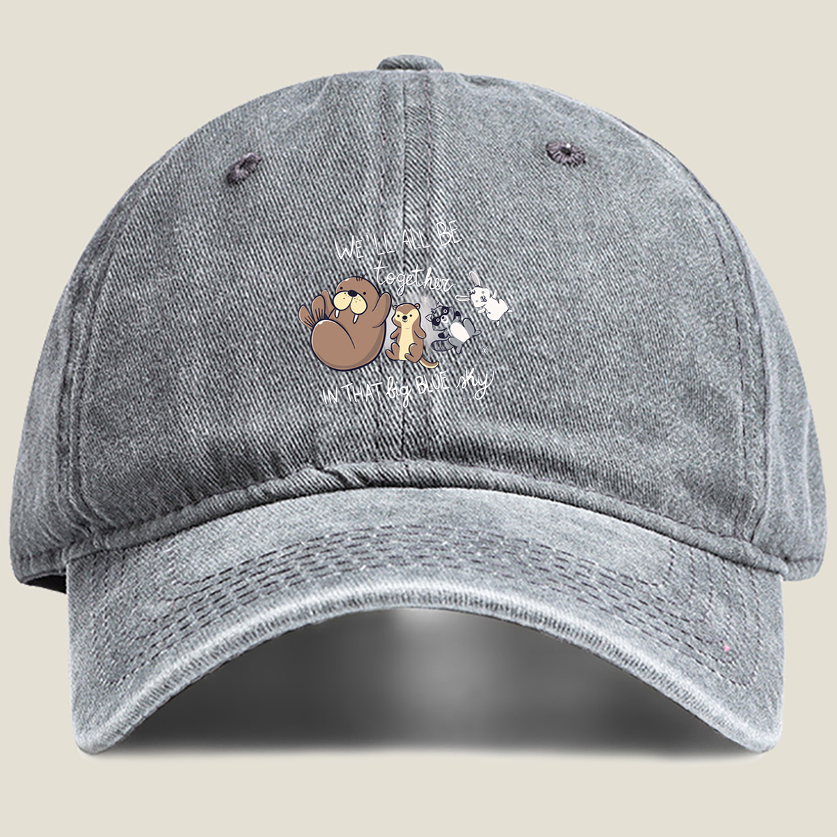 We'll All Be Together in That Big Blue Sky - Otter, Raccoon, Rabbit, and Squirrel - Washed Denim - Baseball Cap