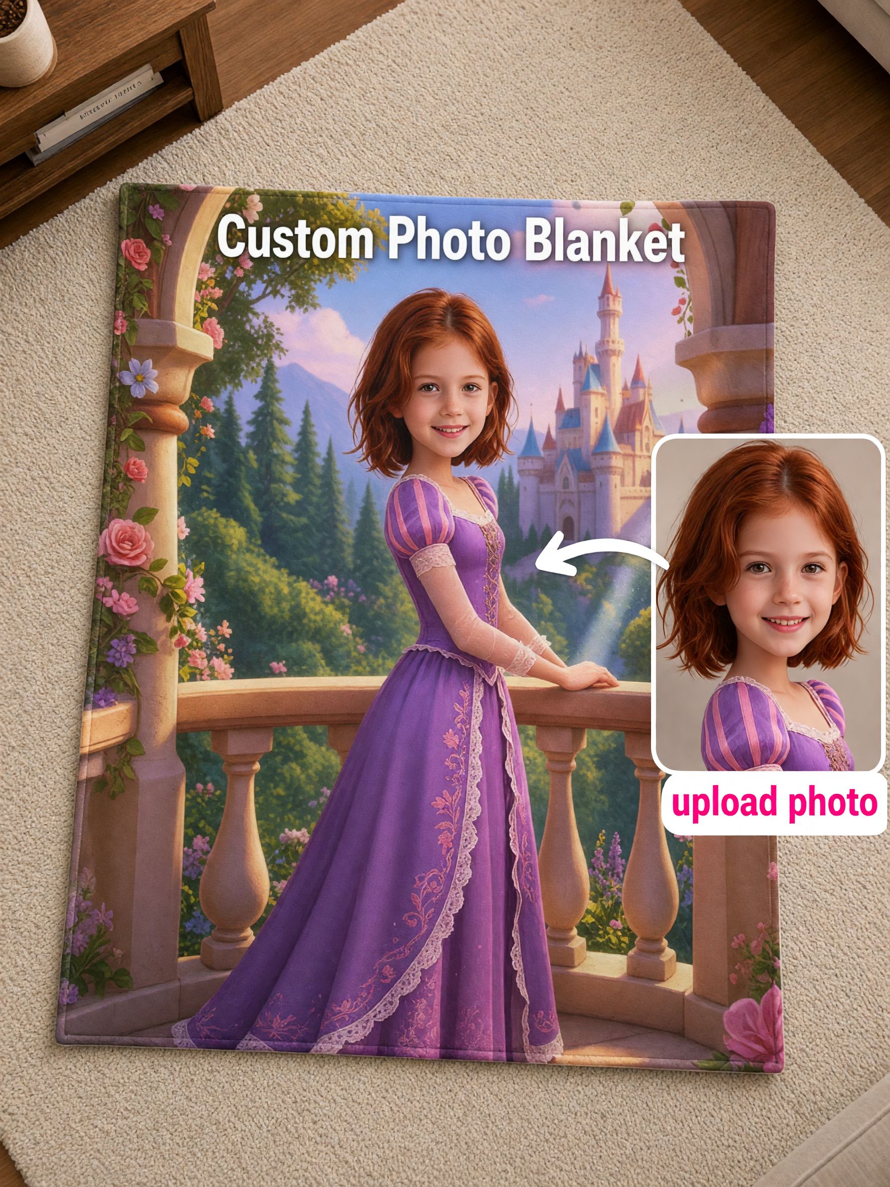 Custom Photo Face Blanket, Fairy Tale Princess Castle Flannel Throw, Ultra Soft Personalized Gift for Girls