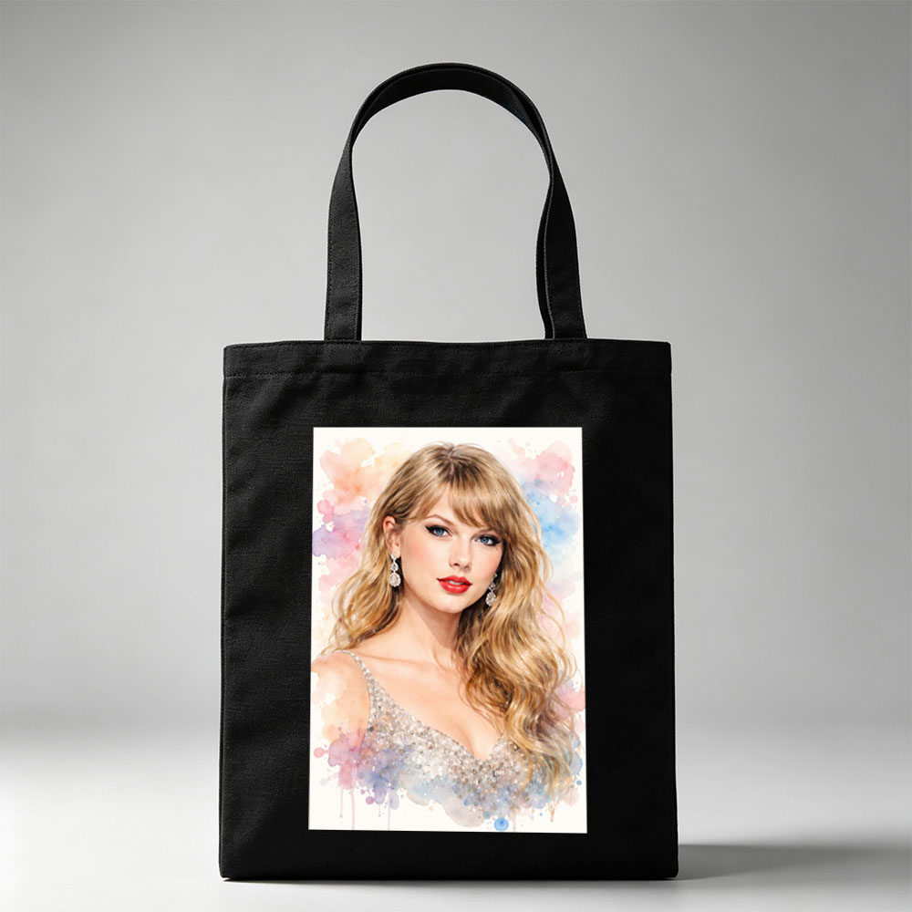 Taylor Swift Portrait in Sparkling Gown with Watercolor Background - Canvas tote bags