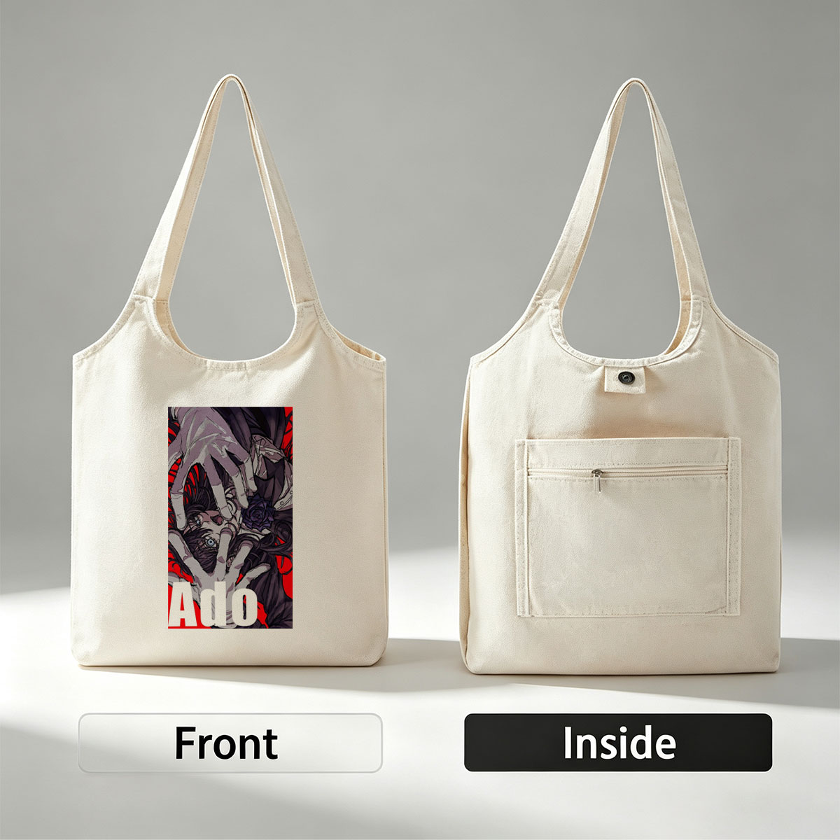 Ado - Dramatic Portrait with Hands and Rose on Red Background - Canvas shoulder bags/