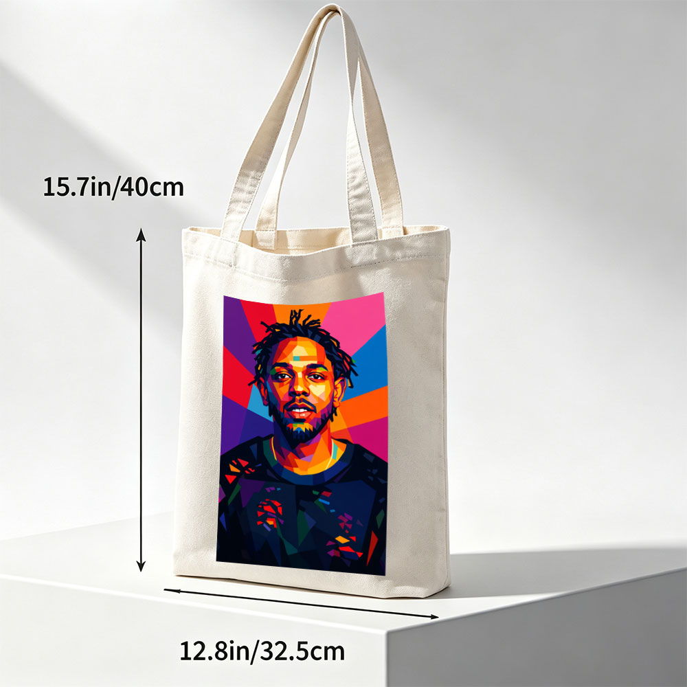 Kendrick Lamar Portrait in Vibrant Geometric Art Style with Colorful Radiant Background - Canvas tote bags