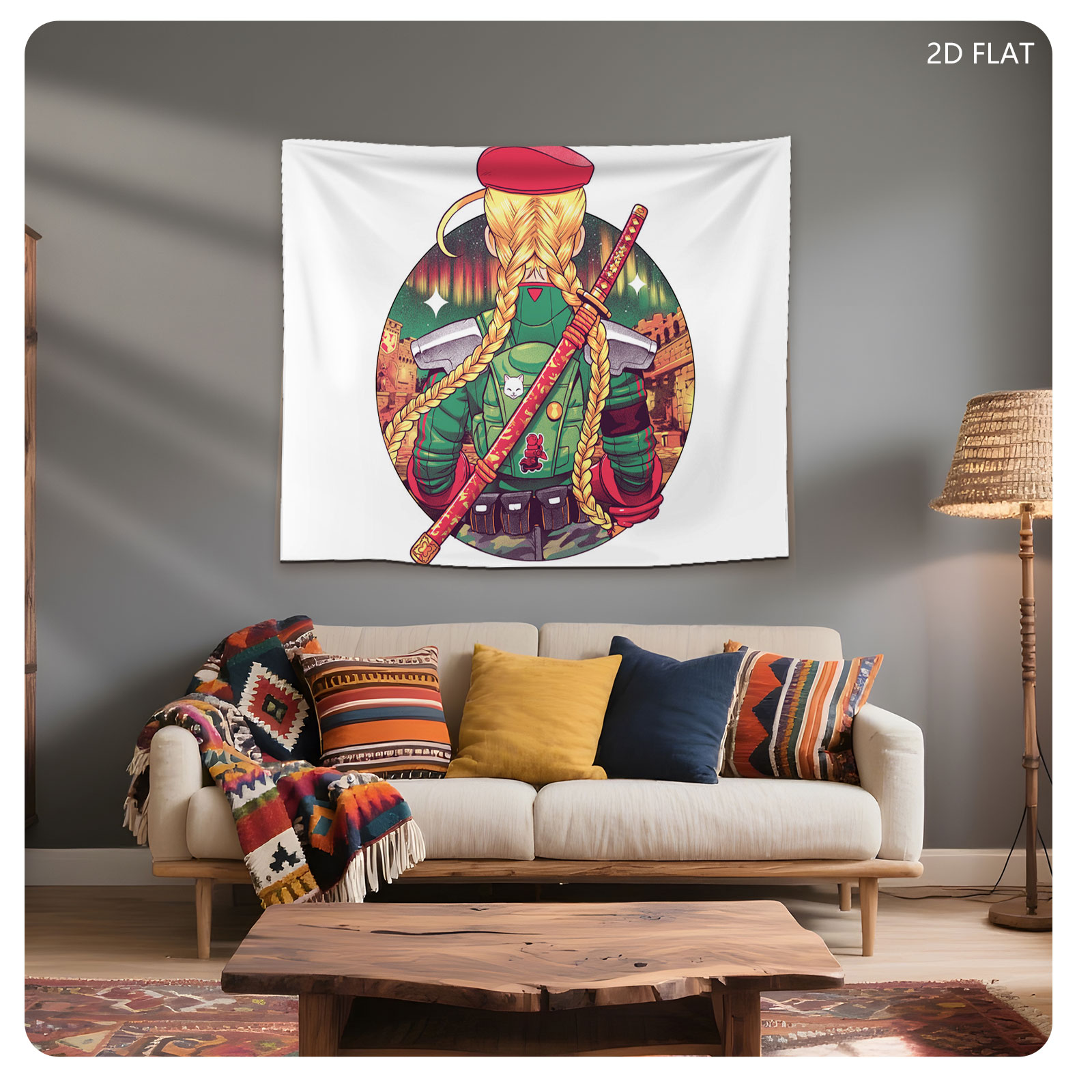 Blonde Warrior with Red Beret and Katana, Futuristic Urban Background - Tapestry