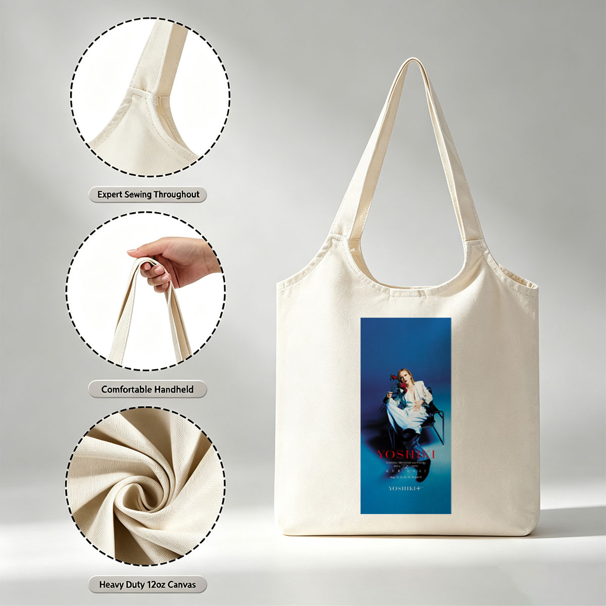 YOSHIKI Evening Breakfast with YOSHIKI 2025 in Tokyo Japan KURENAI Poster Featuring YOSHIKI Seated on Chair Holding Red Roses Against Blue Background - Canvas shoulder bags/