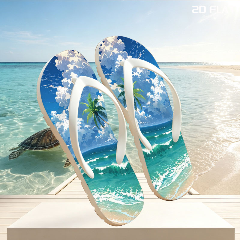 Tropical Beach with Palm Trees and Blue Sky -  flip-flops