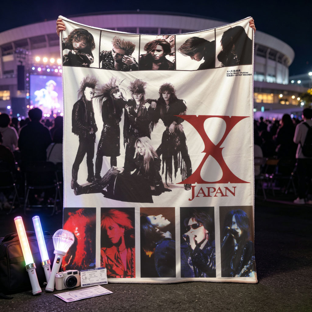 X Japan Band Members in Dramatic Pose with Intense Expressions and Gothic Rock Style - Blankets