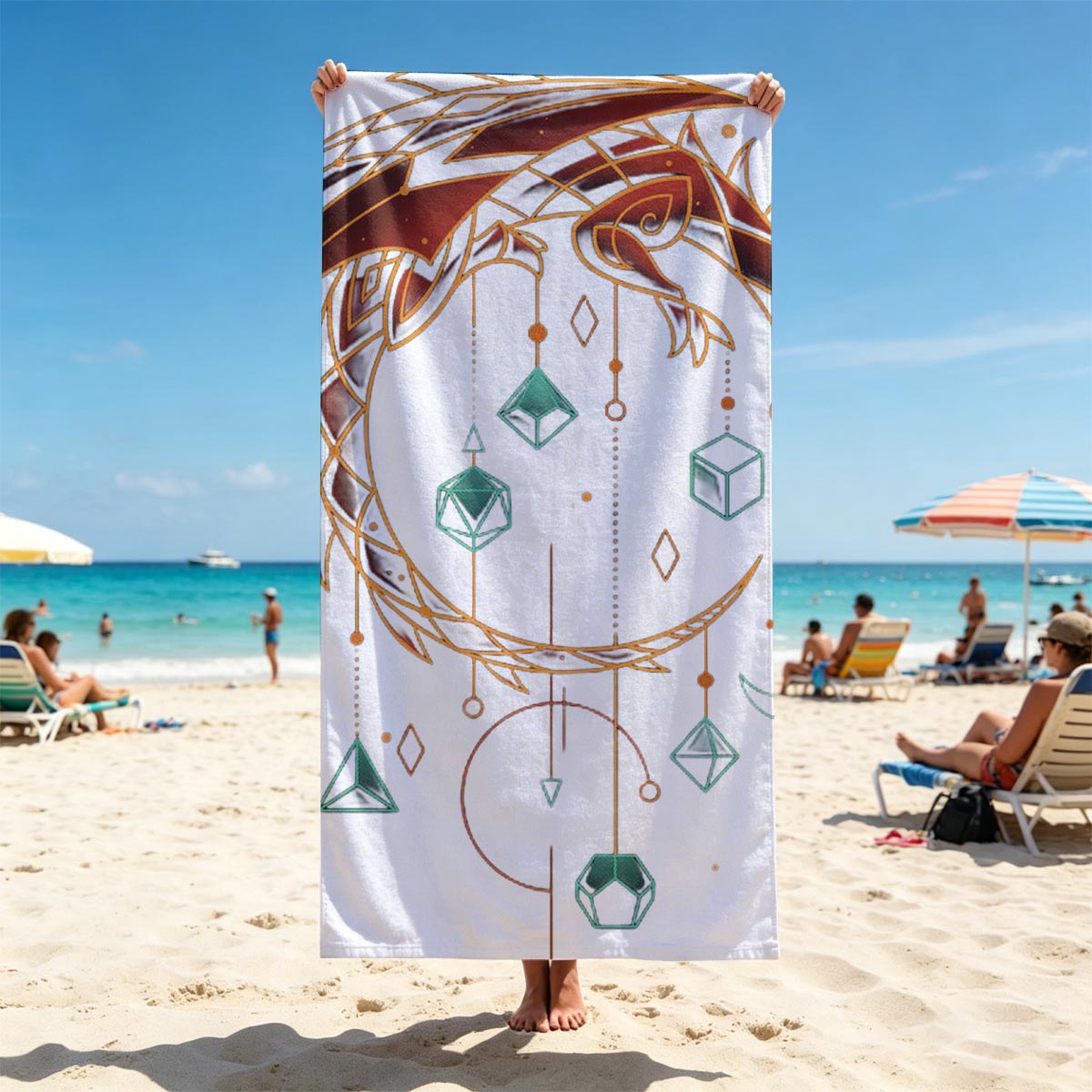 Dragon and Geometric Orbs: Mystical Design - Beach towels