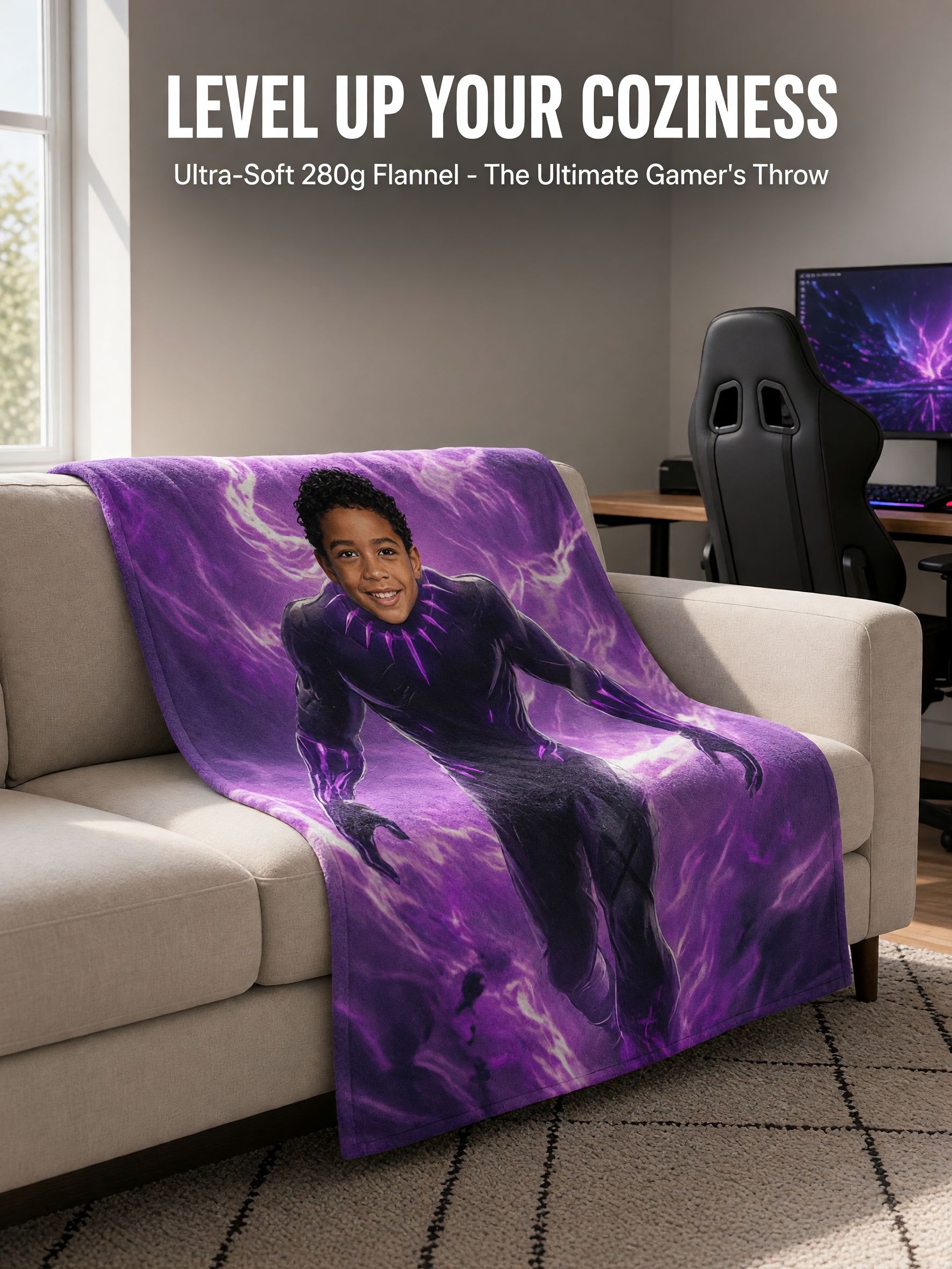 Personalized Superhero Photo Face Blanket, Ultra Soft Flannel Fleece Throw, Cozy Custom Gift for Kids and Teens