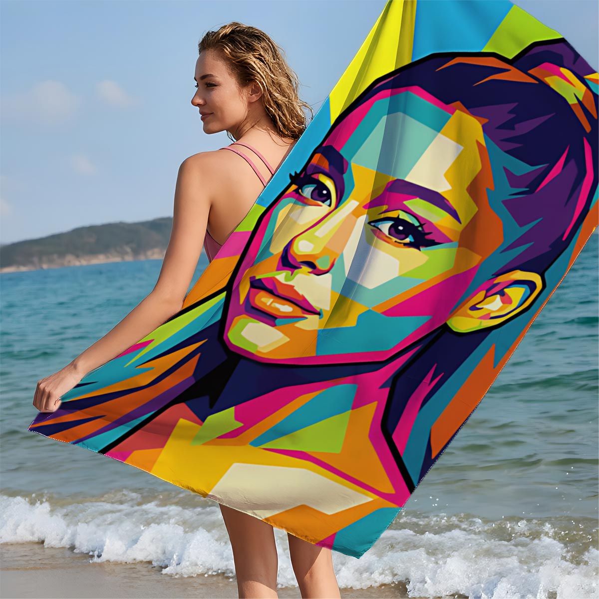 Colorful Pop Art Portrait of a Woman with Vibrant Geometric Patterns - Beach towels
