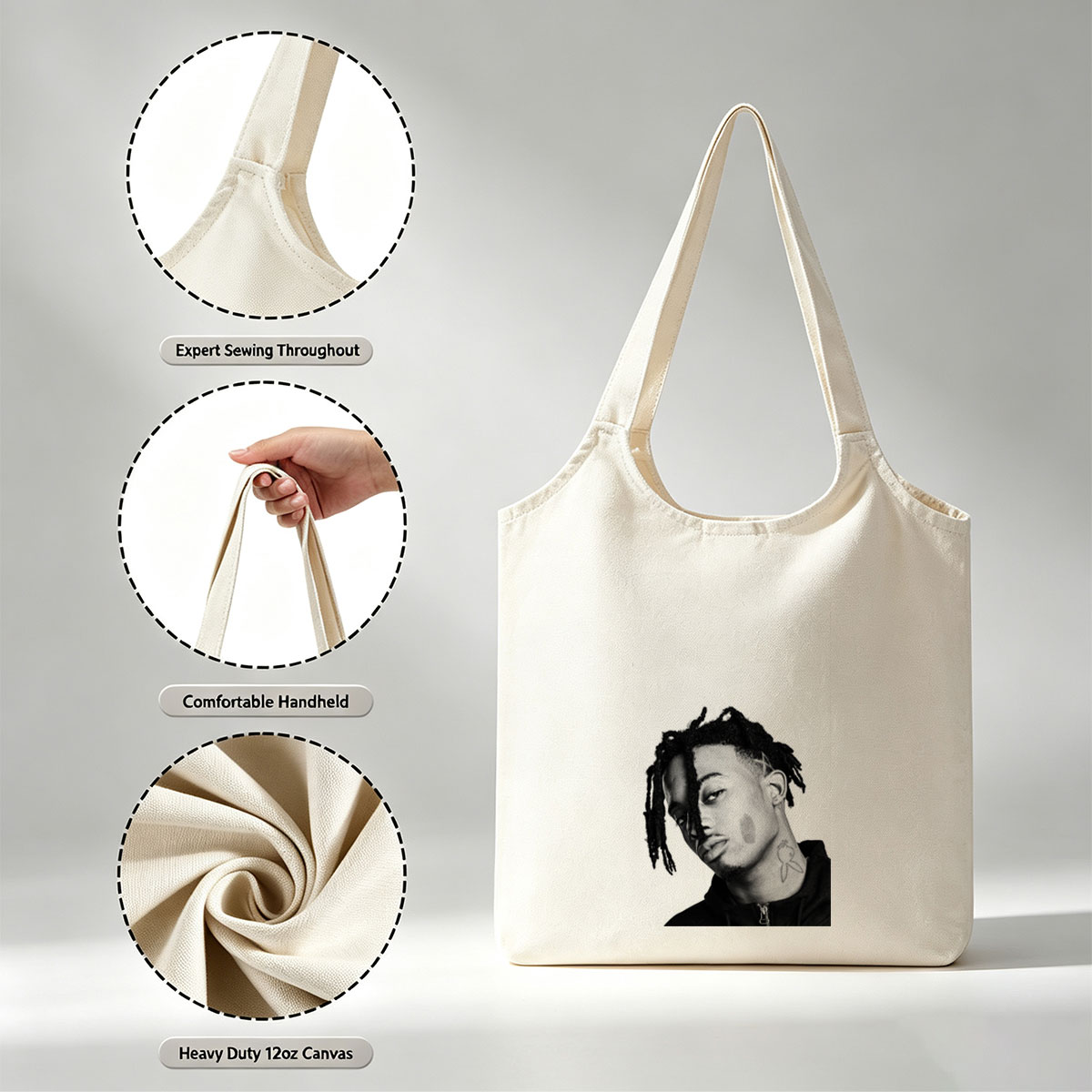 XXXTentacion in a striking black and white portrait with dreadlocks and neck tattoo, captured in a contemplative side profile. - Canvas shoulder bags/