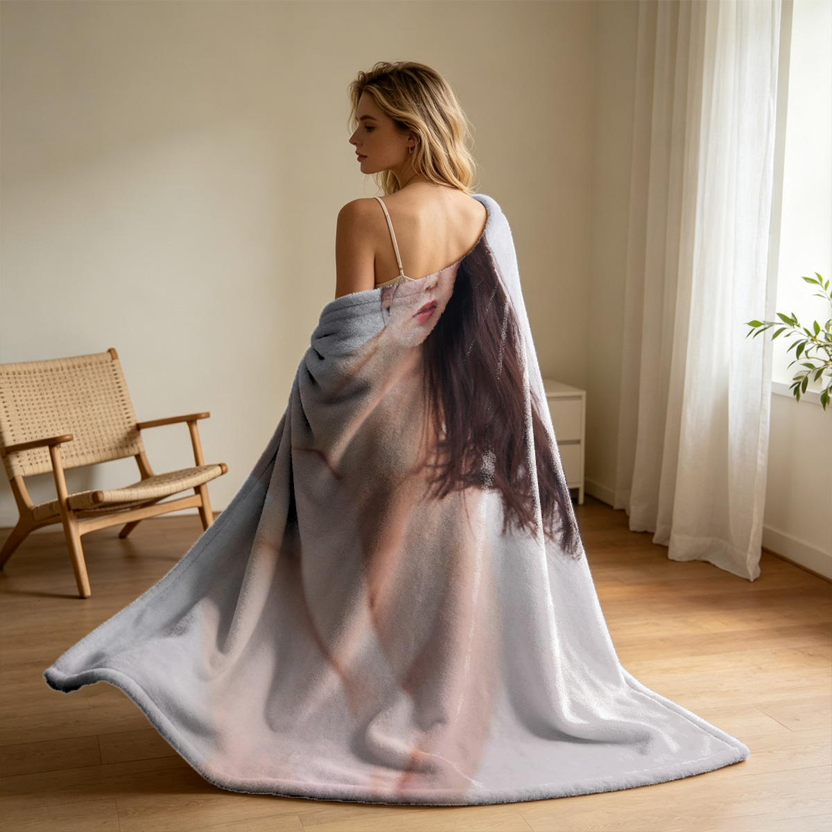 Pink Lingerie Blonde on Bed - Blanket
