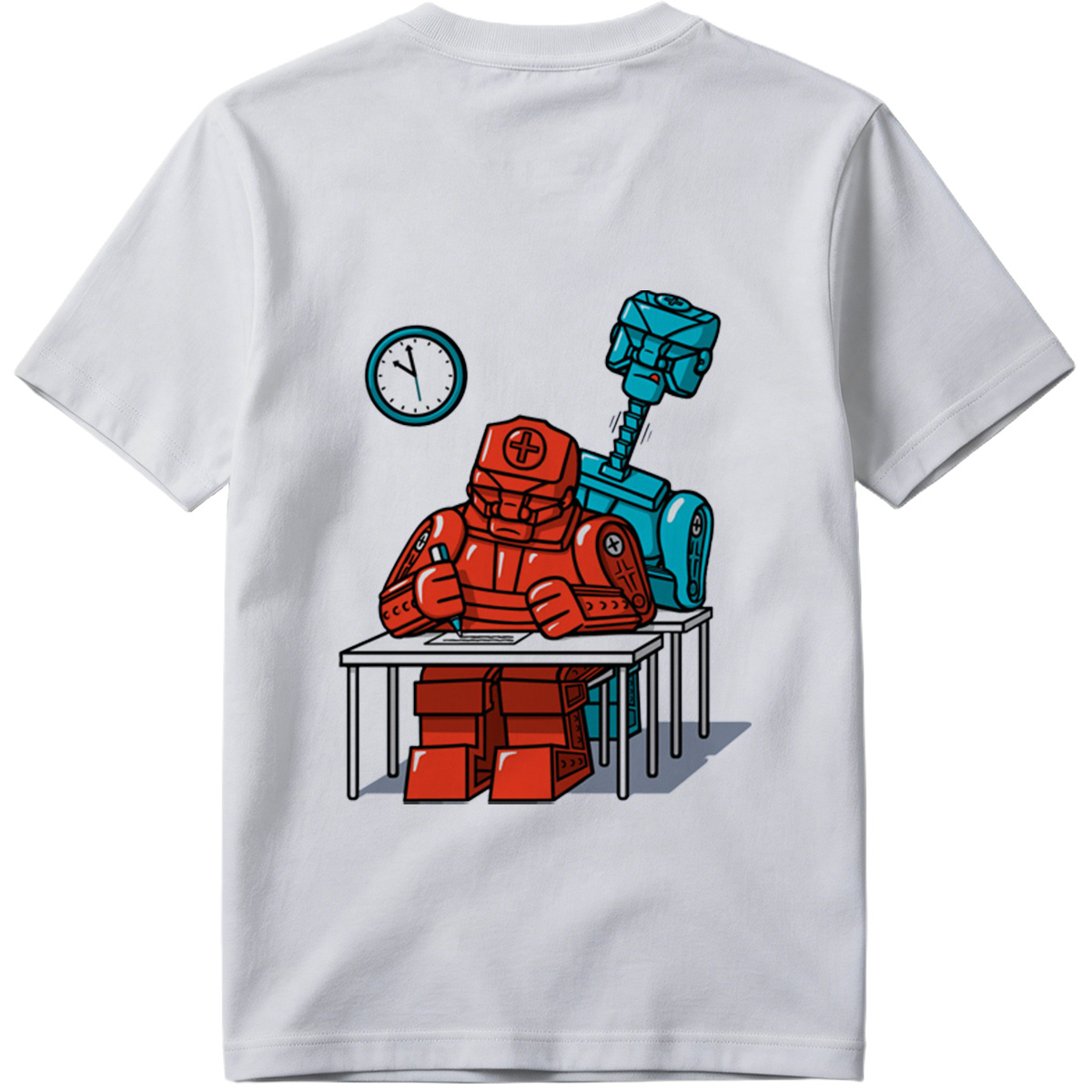 Red Robot Student at Desk with Blue Robot Friend - Tee
