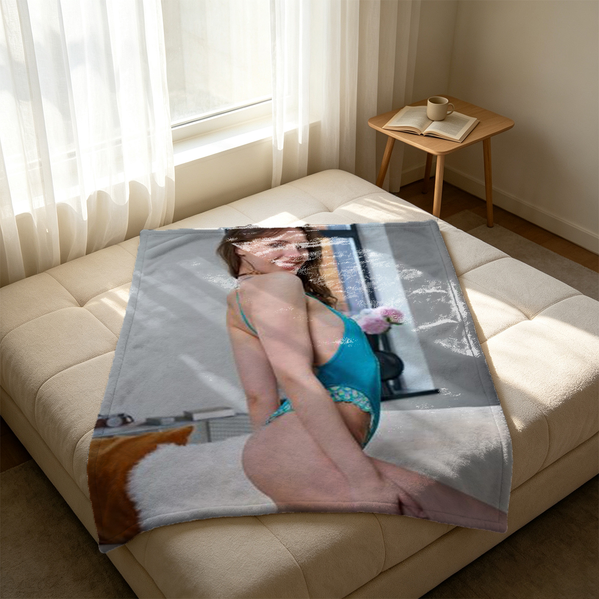 Blonde Woman in Striped Swimsuit Posing on Wooden Table - Blanket