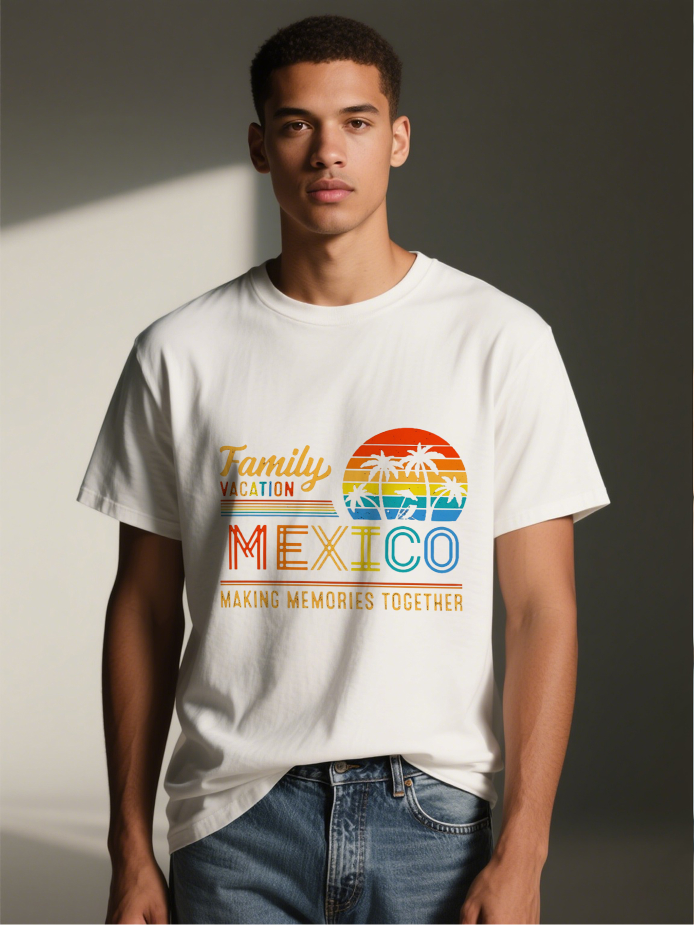 Men's Printed T-Shirt Family Vacation Mexico Palm Tree Sunset Design Casual Round Neck Lightweight Breathable Summer Short Sleeve T-Shirt for Beach Travel Holidays Adults
