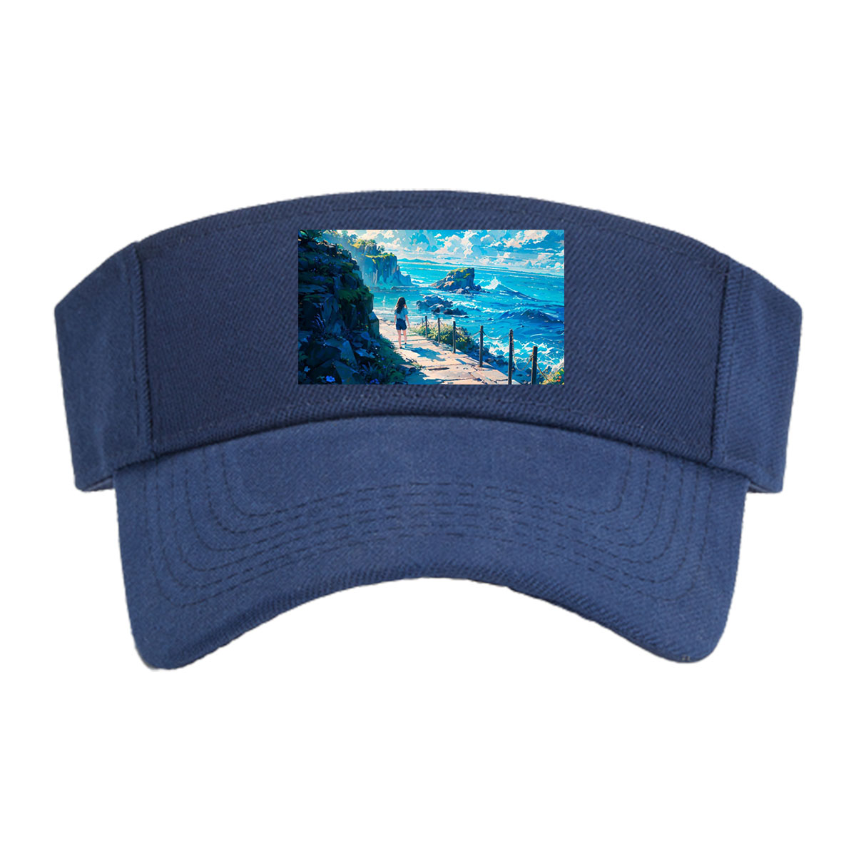 Girl walking on coastal path overlooking turquoise sea and rocky cliffs under bright blue sky -  Visor cap