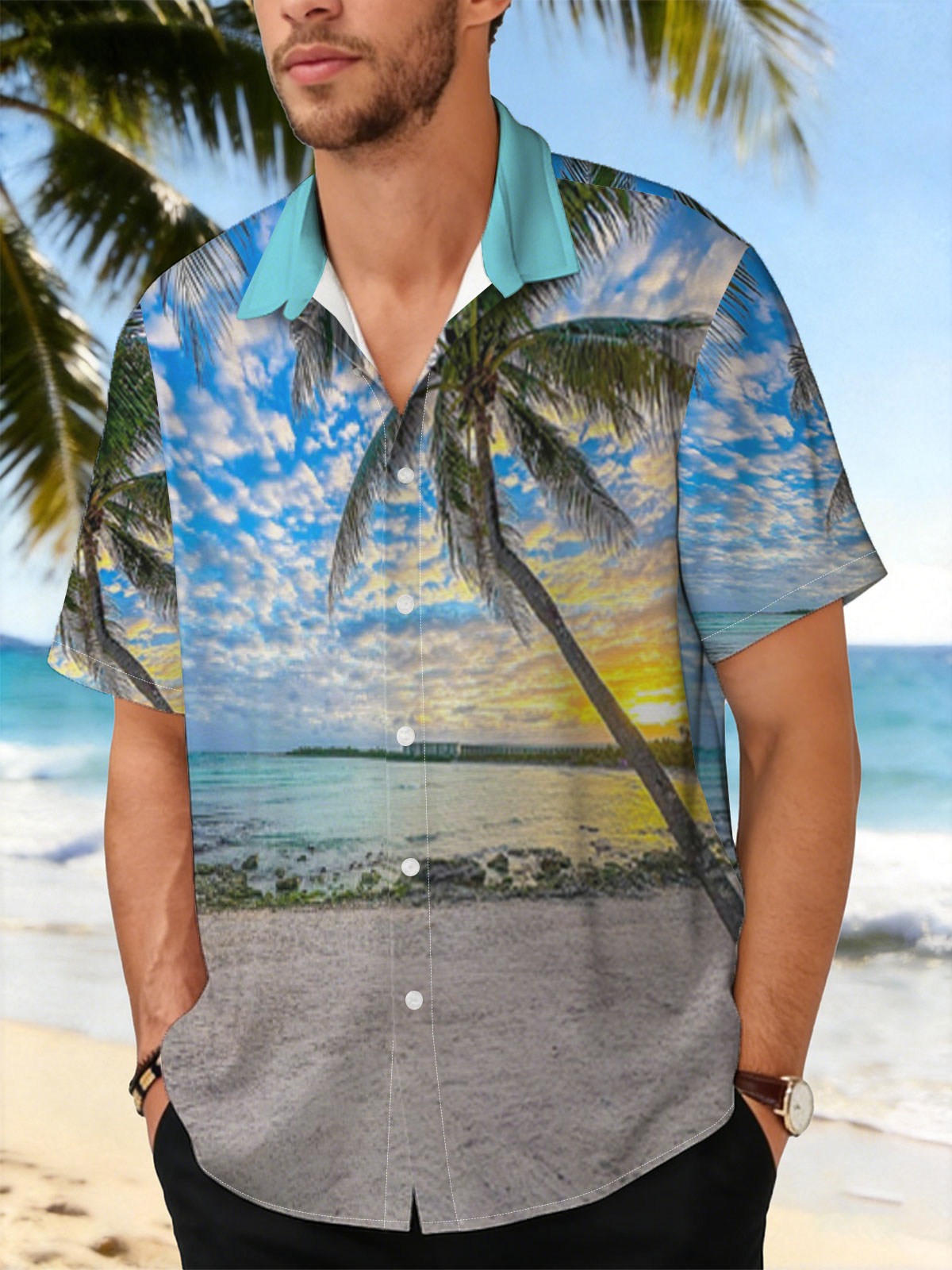 Tropical beach at sunset with palm tree and calm sea -  Shirt