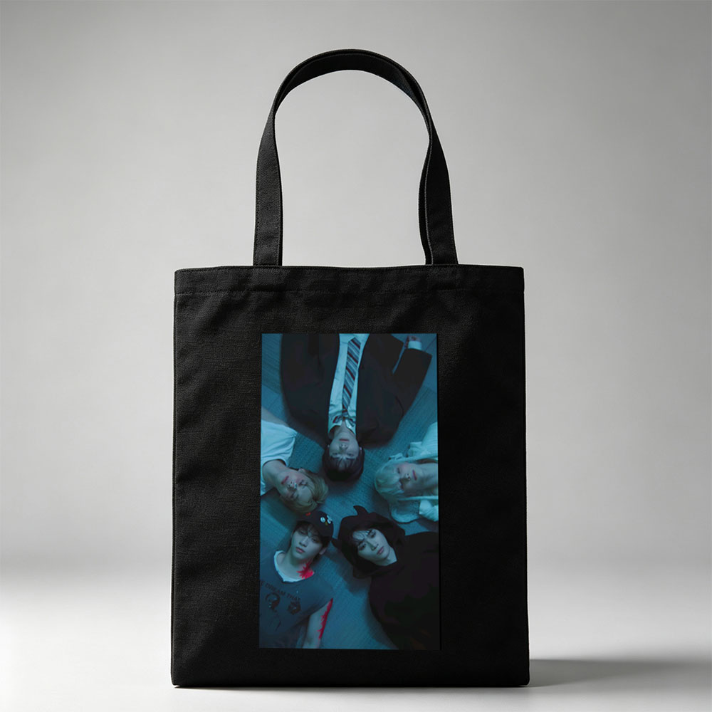 TXT Members Lying in a Circle on the Floor in Moody Blue Lighting - Canvas tote bags