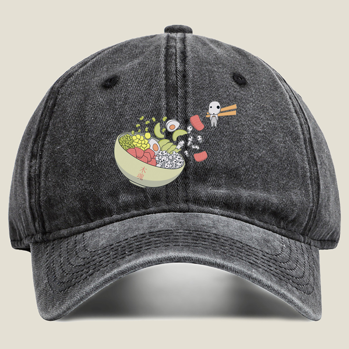 Kawaii Food Bowl with Kodama Characters - Washed Denim - Baseball Cap