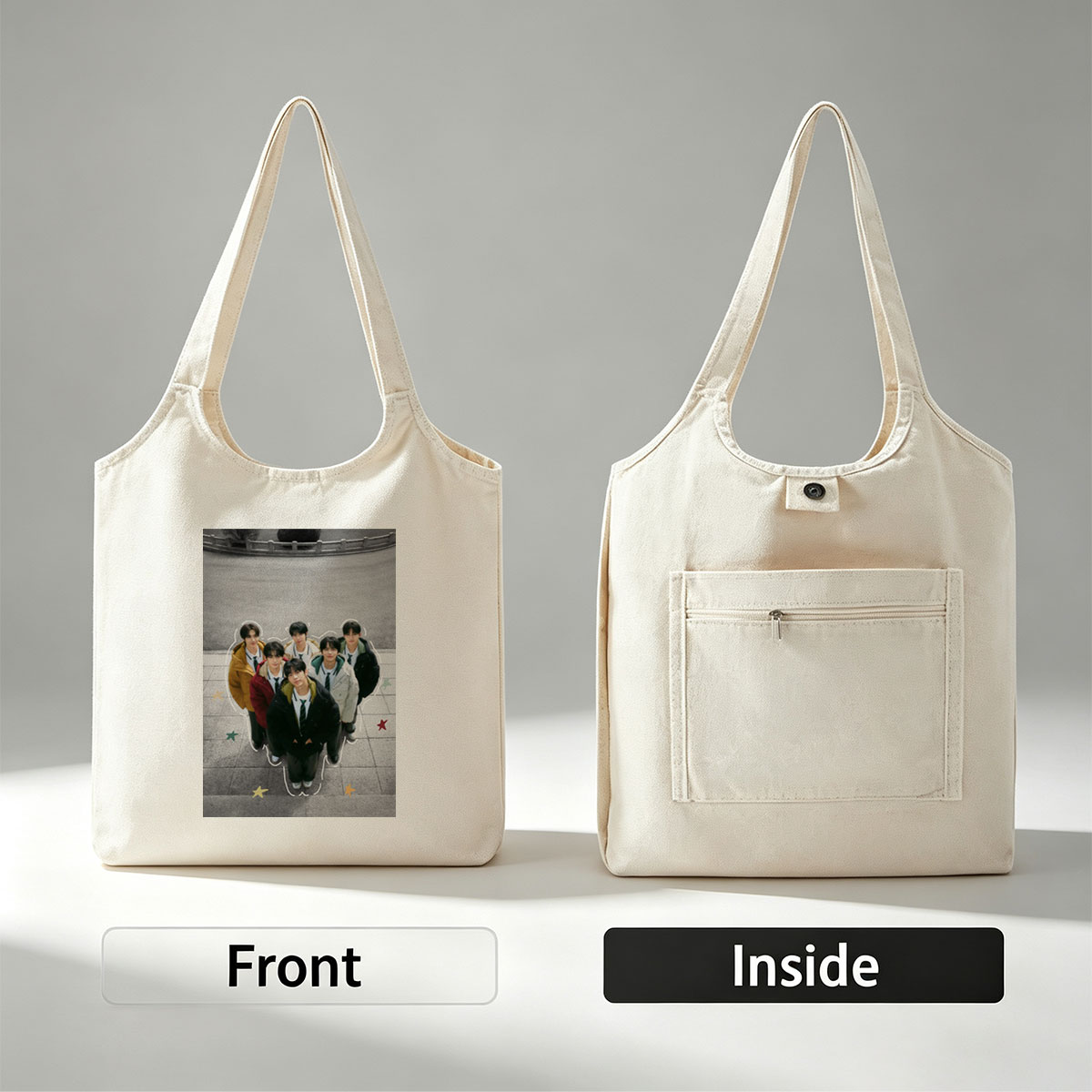 TXT Group in School Uniforms Standing Together Outdoors with Star Accents - Canvas shoulder bags/