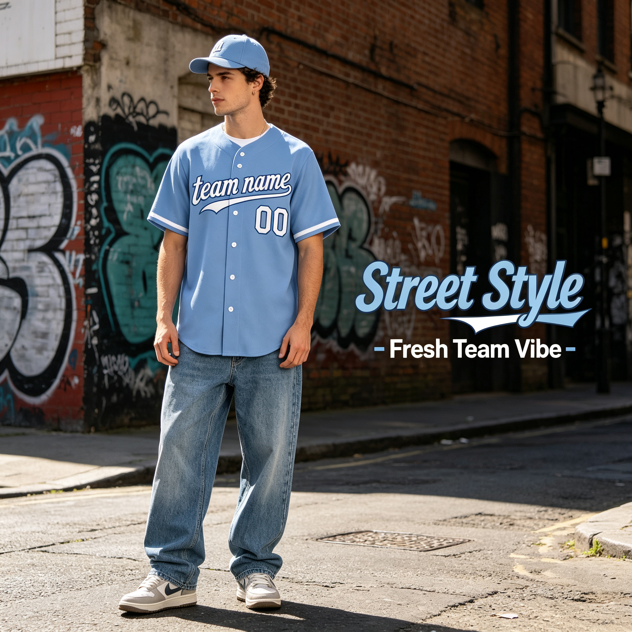 Custom Printed Kansas City Script Style Baseball Jersey Powder Blue White Trim Button Down Shirt for Men and Women