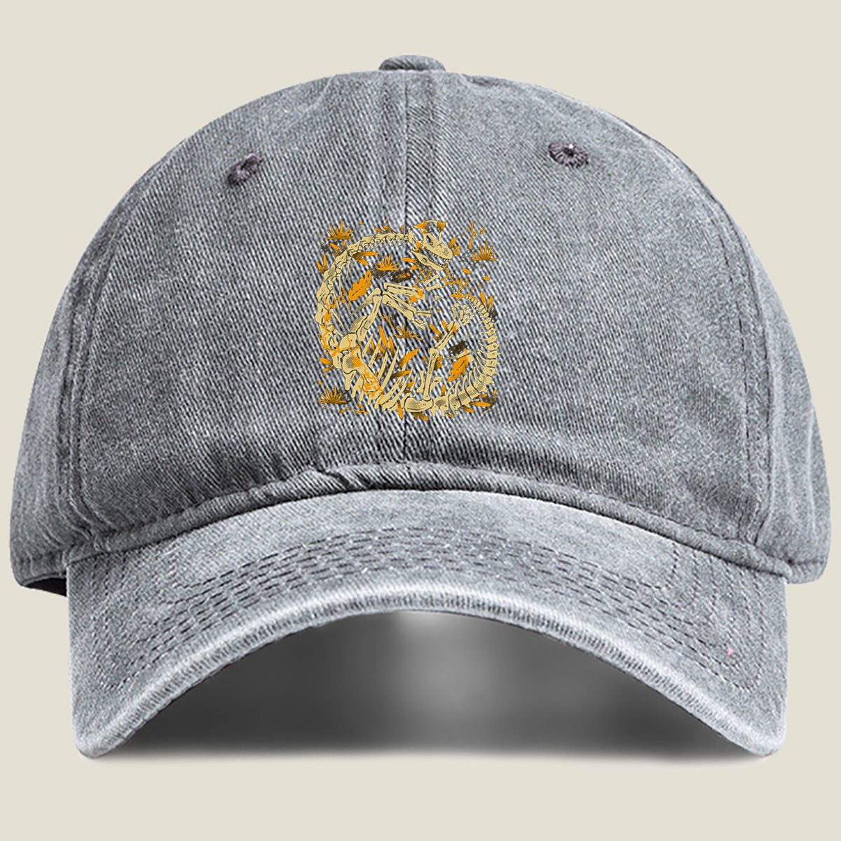Dinosaur Skeleton in Circular Pose with Foliage - Washed Denim - Baseball Cap