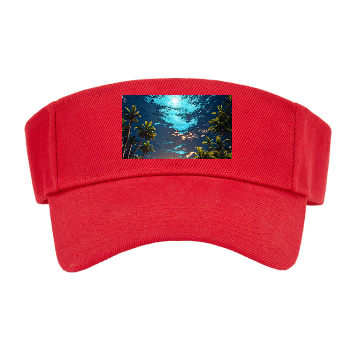 Man stands on water under surreal sky, surrounded by palm trees at twilight -  Visor cap