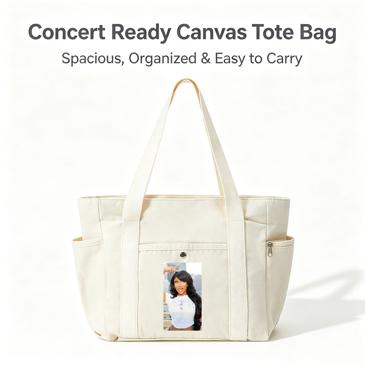 Megan Thee Stallion in a Bold Pose Wearing a White Crop Top with Cross Design and Long Black Hair Against a City Skyline Background - Multi-pocket bags