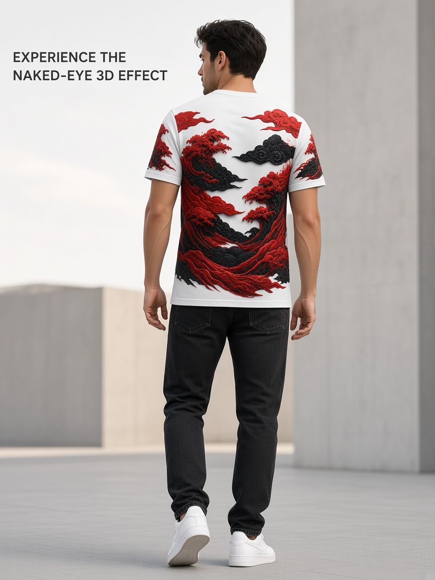 Japanese Oni Mask and Red Waves 3D Optical Illusion Graphic Tee Breathable Athletic Mesh T-Shirt Casual and Sports Wear