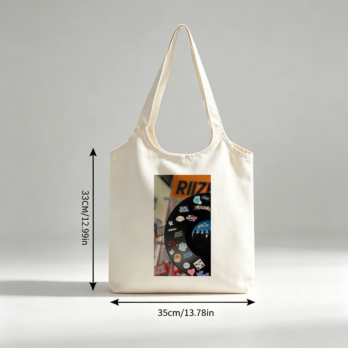RIIZE Vinyl Record with Member Stickers and Band Logo Displayed in Store Window - Canvas shoulder bags/