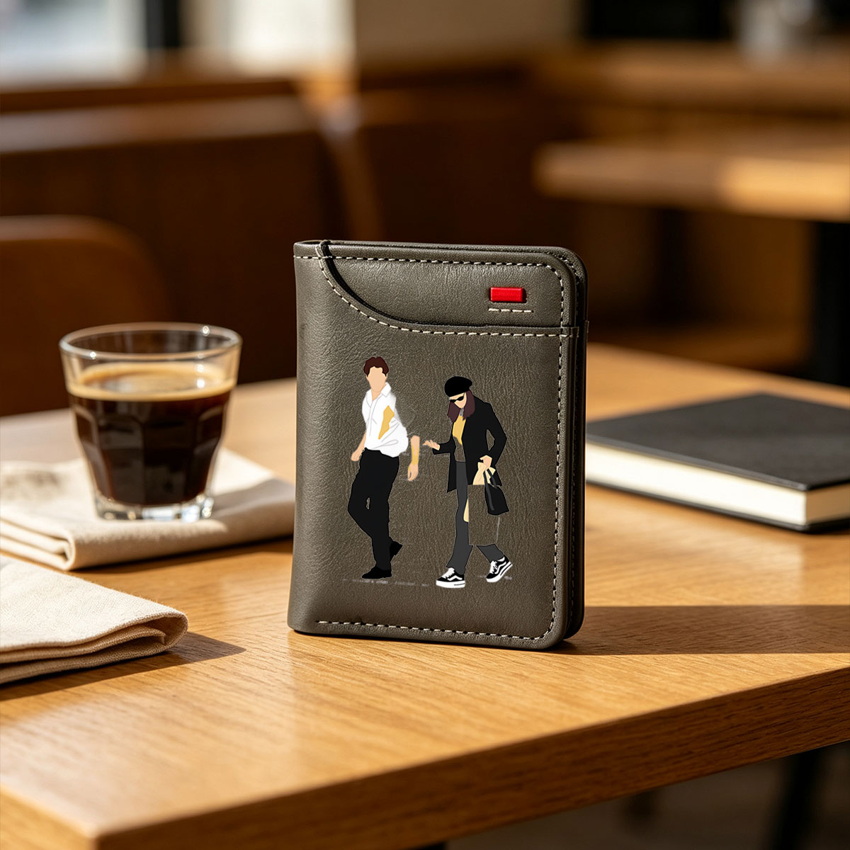 Fashion Duo in Urban Style: Man in White Shirt and Black Pants, Woman in Beret, Sunglasses, and Coat - Vertical Style Wallet