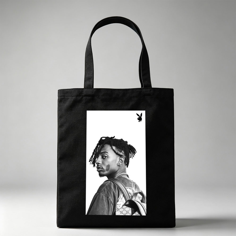 Lil Durk in a Side Profile Pose with Dreads and Gucci Backpack in Black and White Photo - Canvas tote bags