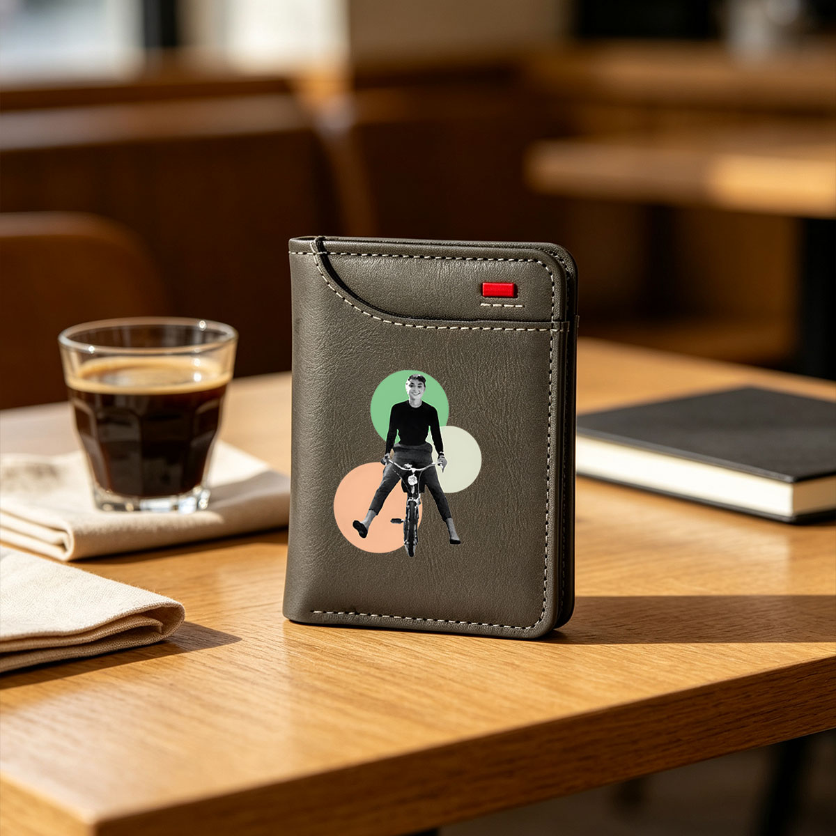 Woman Riding Bicycle with Colorful Circles Background - Vertical Style Wallet