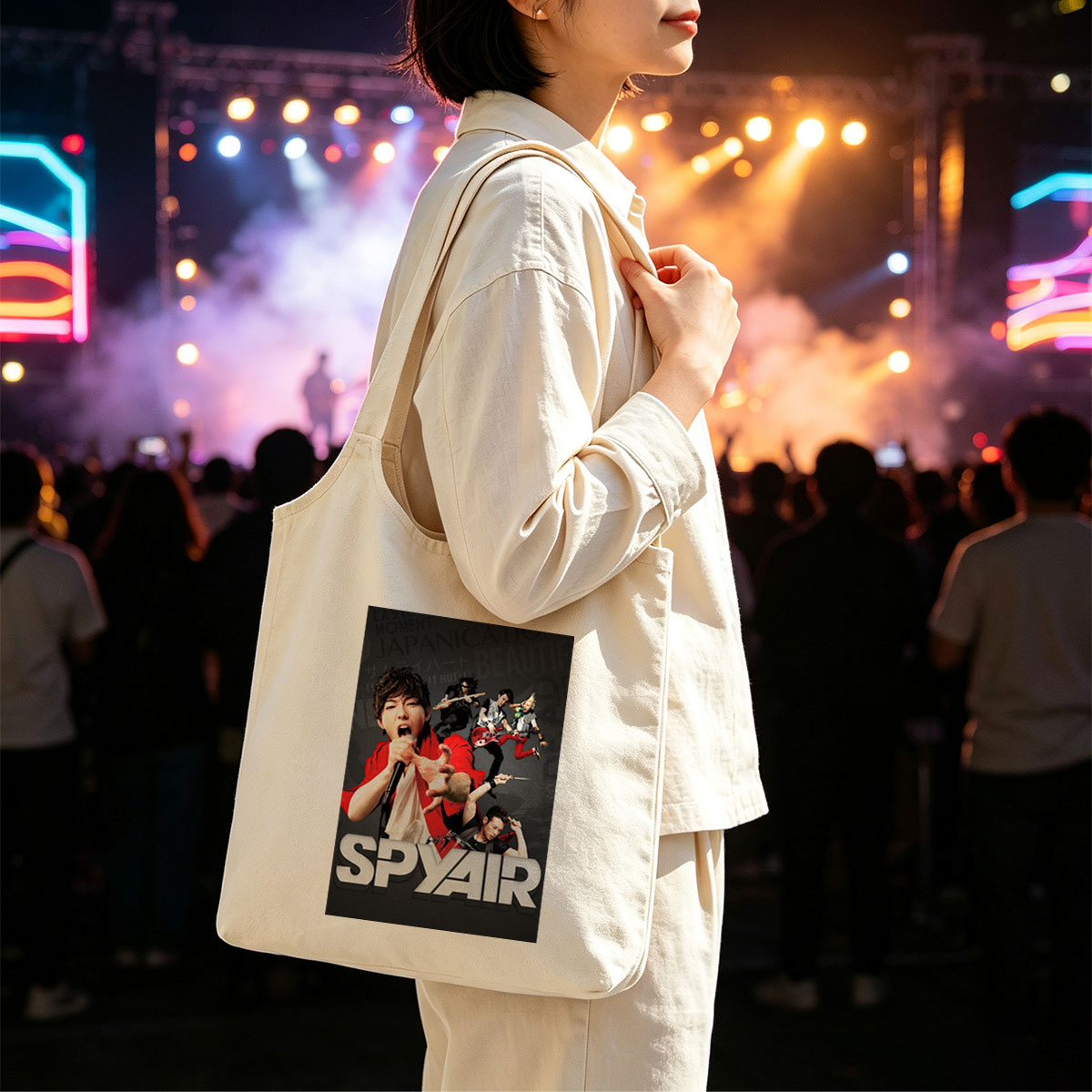 SPYAIR Band Performance Poster Featuring Dynamic Members with Instruments and Energetic Pose - Canvas shoulder bags/