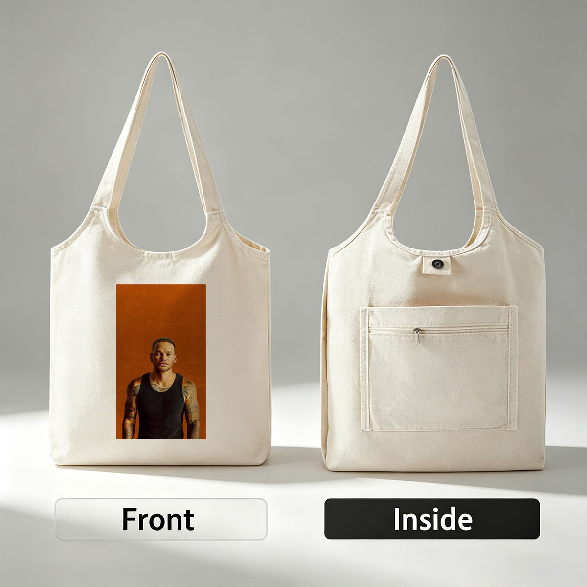 Liam Payne Standing in Black Tank Top with Visible Tattoos Against Orange Background - Canvas shoulder bags/