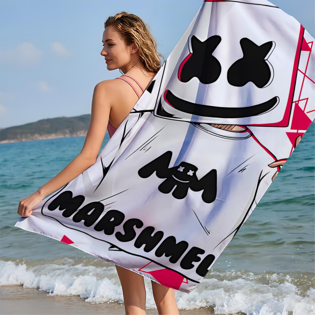 Marshmello DJ Music Artist with Iconic Helmet and Red Triangles - Beach towels