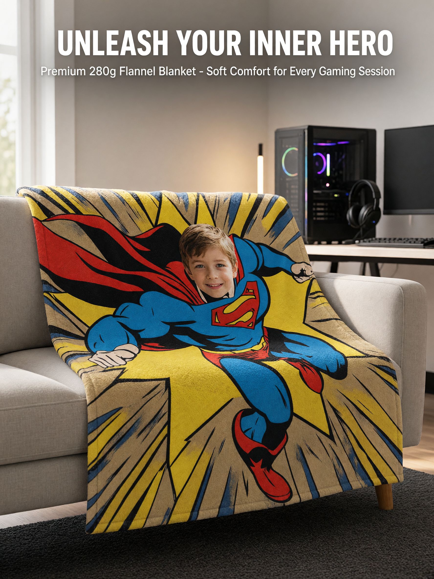 Custom Superhero Photo Flannel Fleece Throw Blanket Personalized Comic Style Keepsake Cozy Bed Sofa Bedding Gift