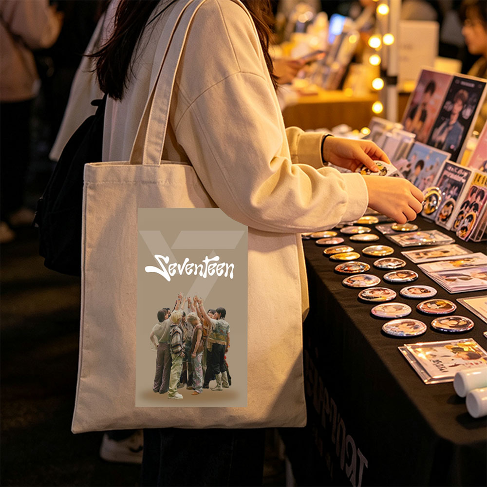 Seventeen Group Huddle Pose with Raised Hands in Stylish Outfits - Canvas tote bags