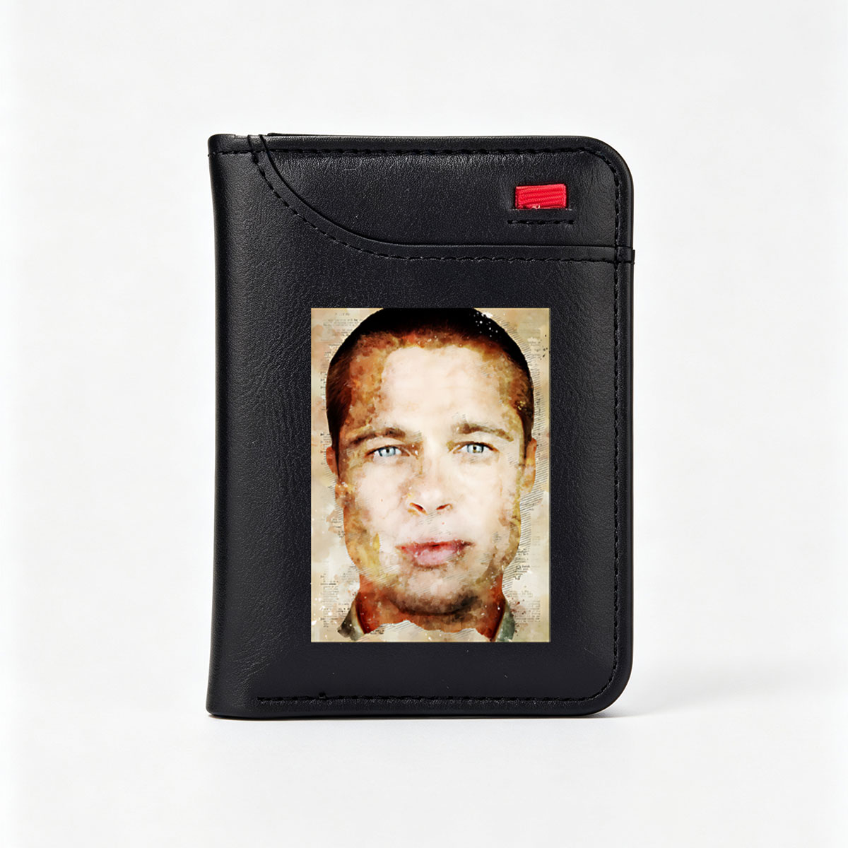 Brad Pitt Watercolor Portrait with Textured Background - Vertical Style Wallet