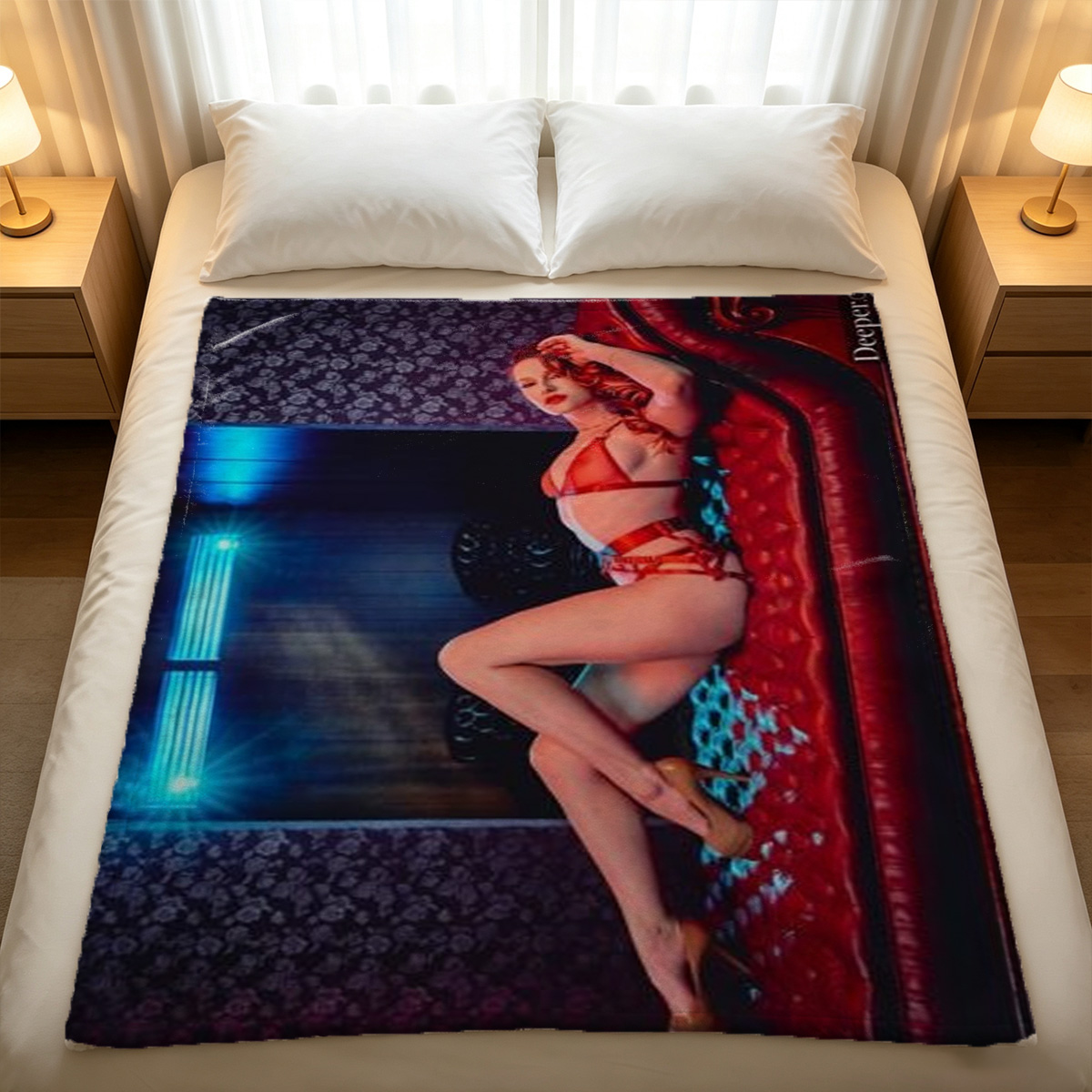 Nude blonde woman lying on wooden table smiling at camera - Blanket