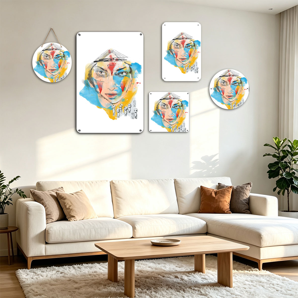 Abstract Portrait with Colorful Geometric Patterns and Miniature Figures - painting
