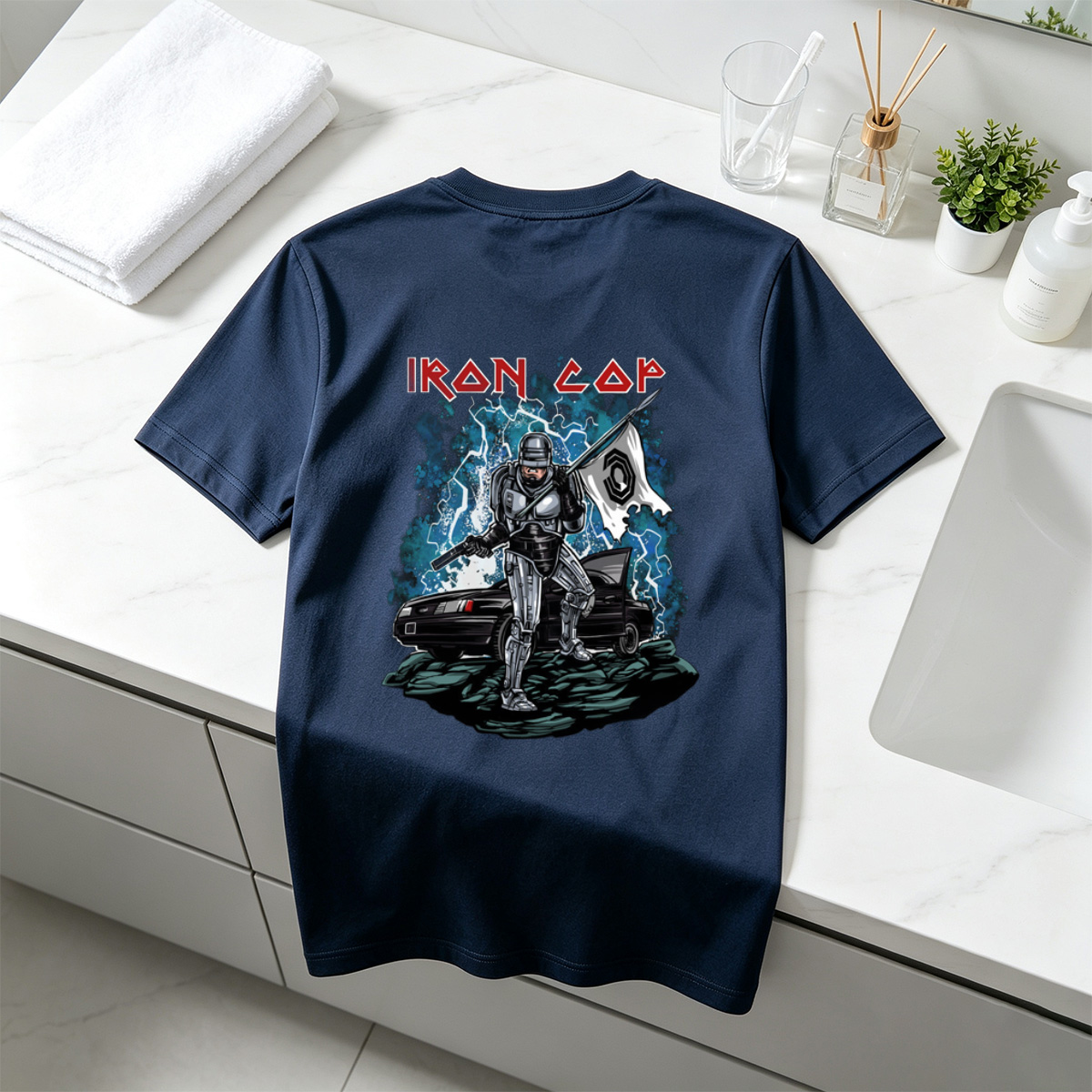 Iron Cop: Robo-Police Officer with Flag and Car - Tee
