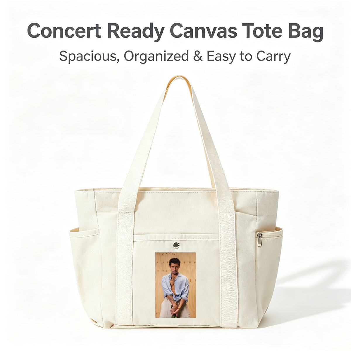 Bad Bunny in a Casual Pose Wearing an Open Light Blue Shirt and Beige Pants Against a Wooden Background - Multi-pocket bags