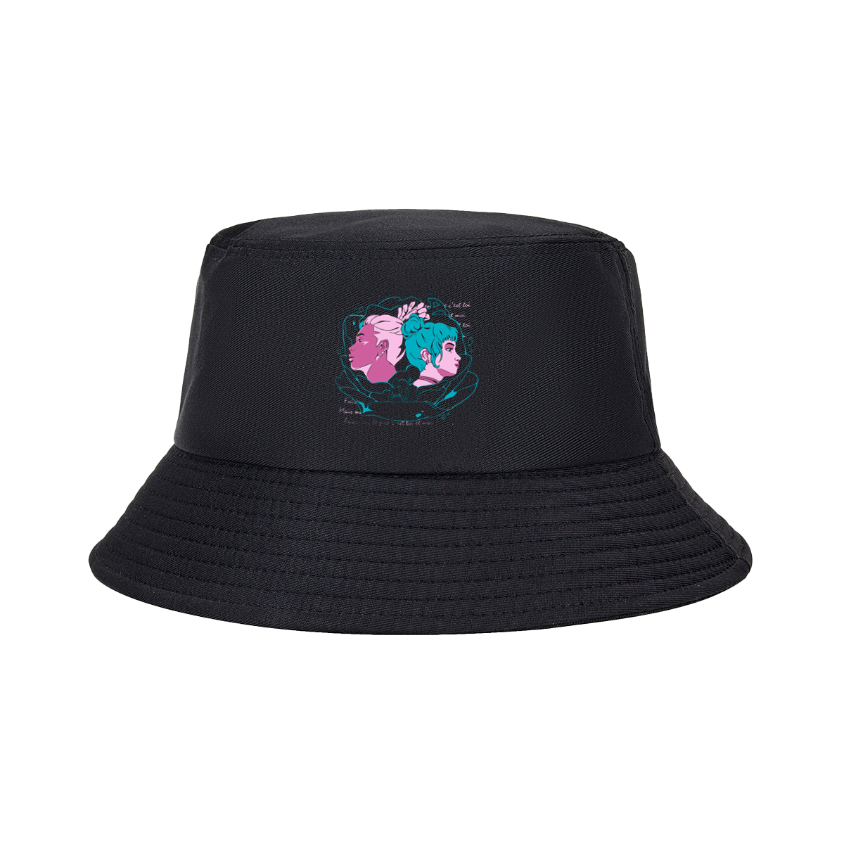 Two Women in Profile: A Stylized Artwork Featuring Pink and Teal Hair with French Text - Fisherman's Hat