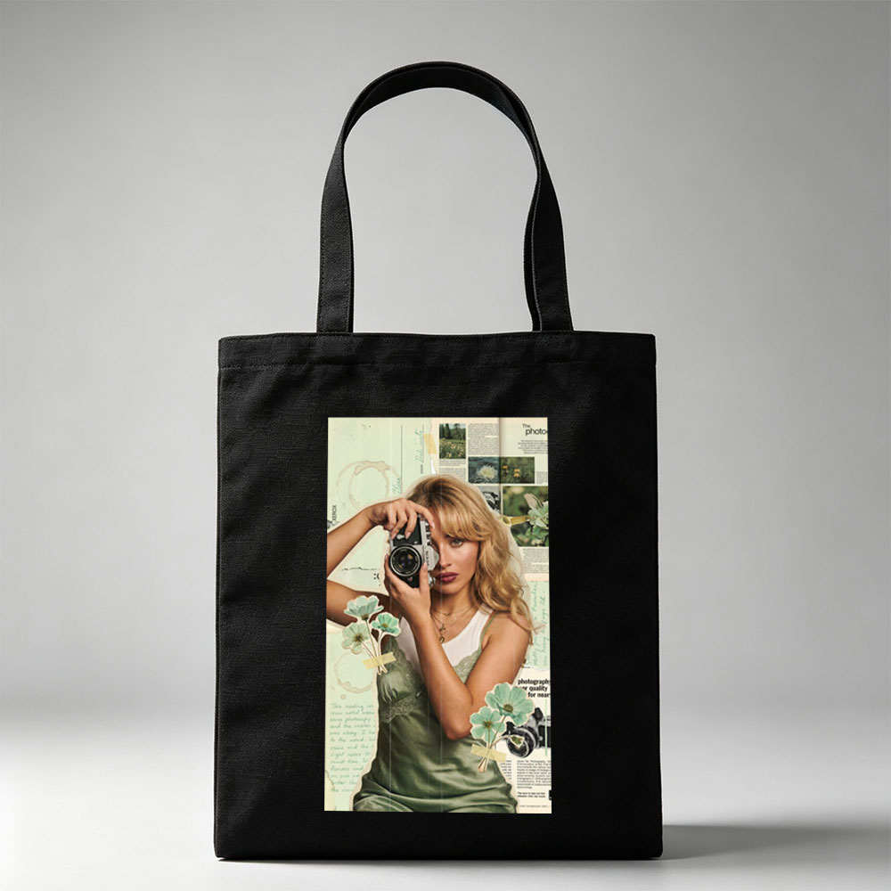 Margot Robbie Holding a Vintage Camera in a Collage-Style Portrait with Floral Elements and Photography Text Background - Canvas tote bags