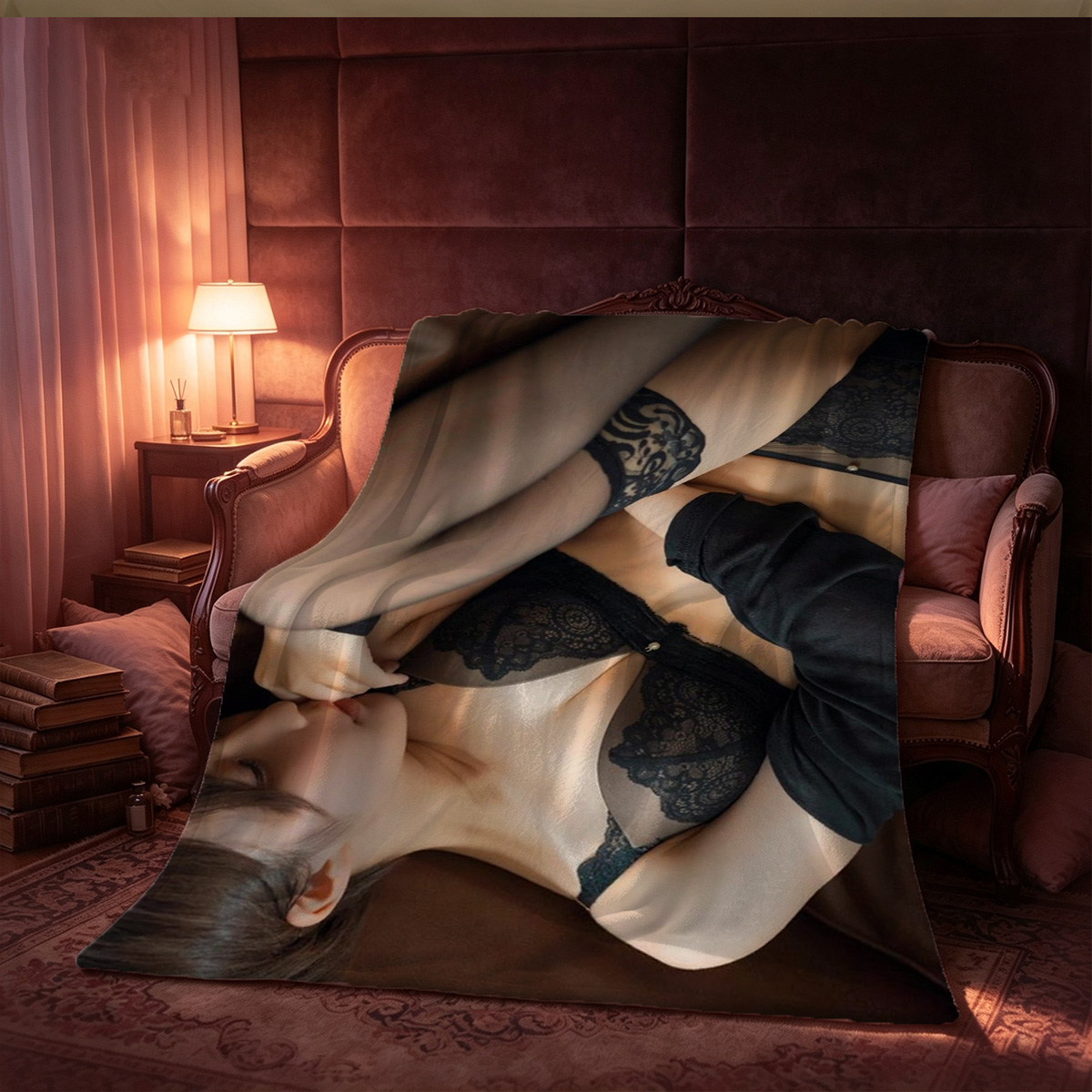 A woman in black lace lingerie stands by the window, back view. - Blanket