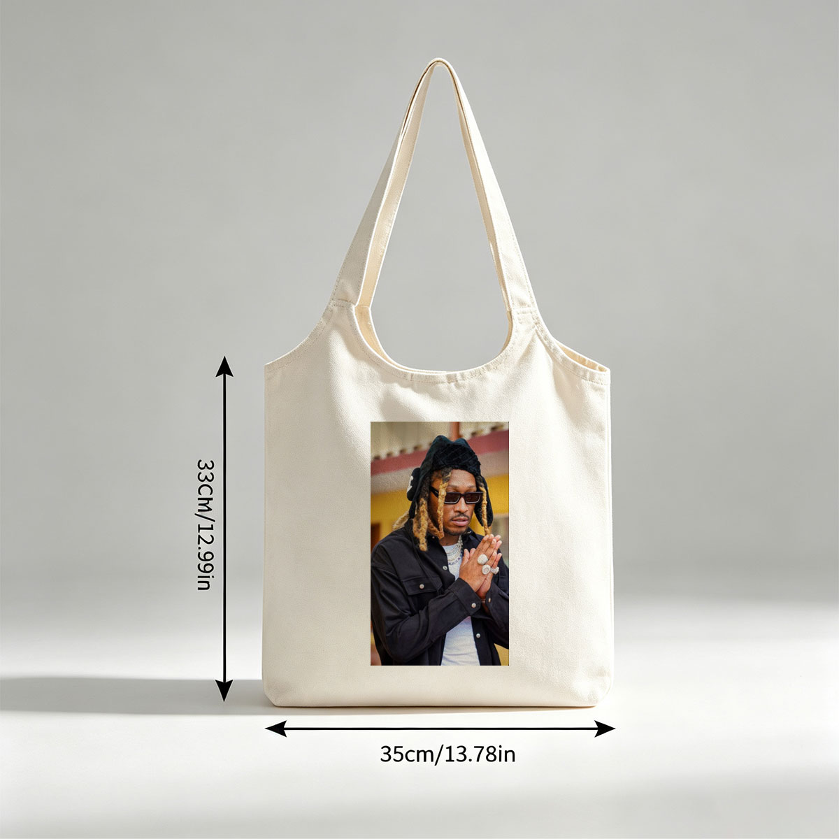 Wiz Khalifa in a stylish urban look with dreadlocks, sunglasses, and layered jewelry, hands clasped in front of a colorful building. - Canvas shoulder bags/