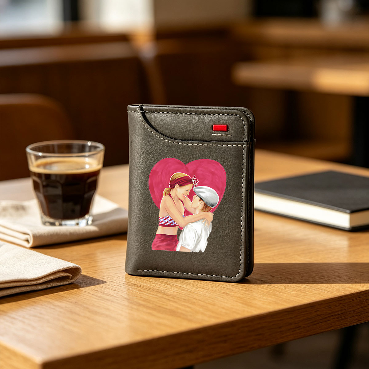 Romantic Couple Embracing in Front of a Heart Background - Vertical Style Wallet