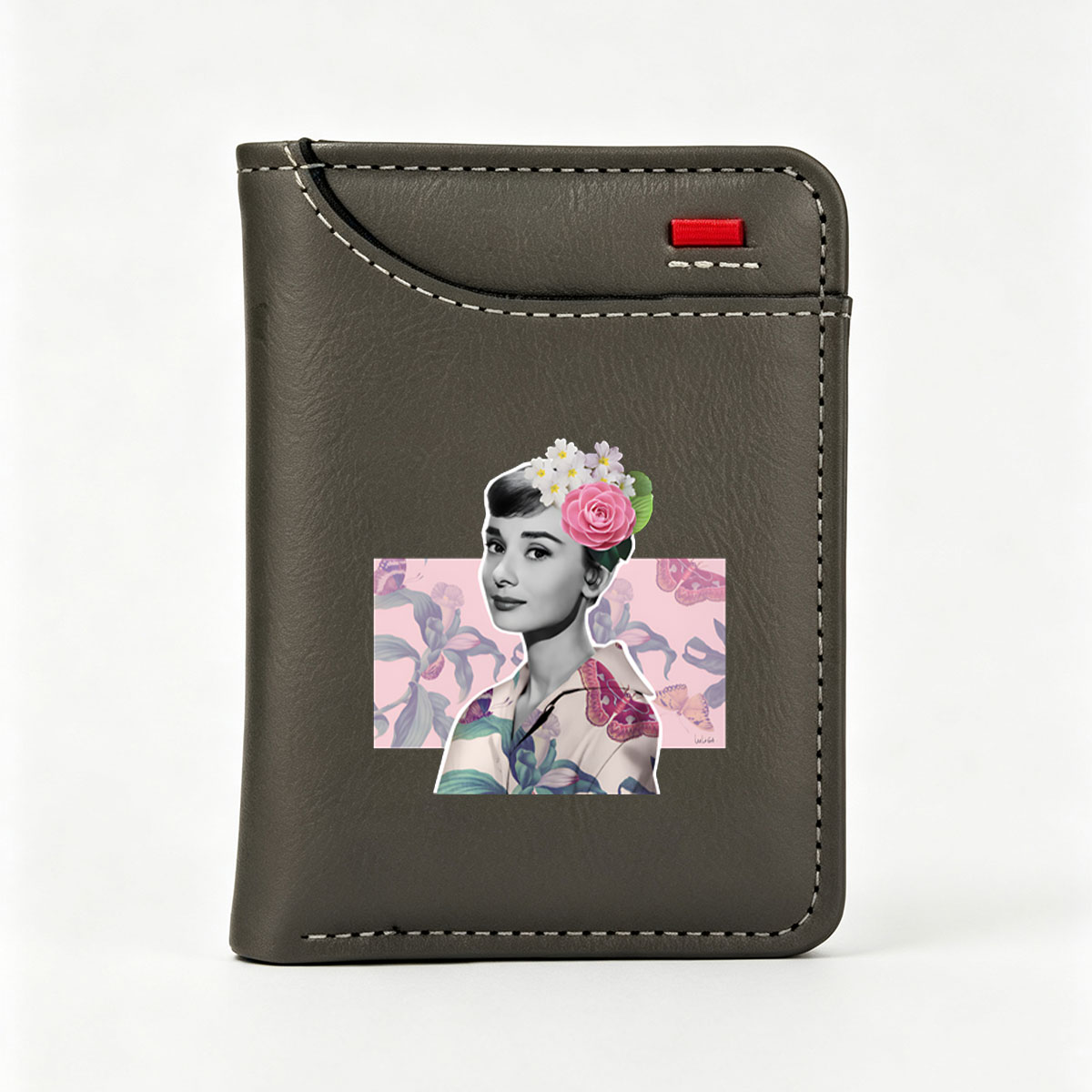 Audrey Hepburn with Floral Crown and Butterfly Patterned Shirt - Vertical Style Wallet