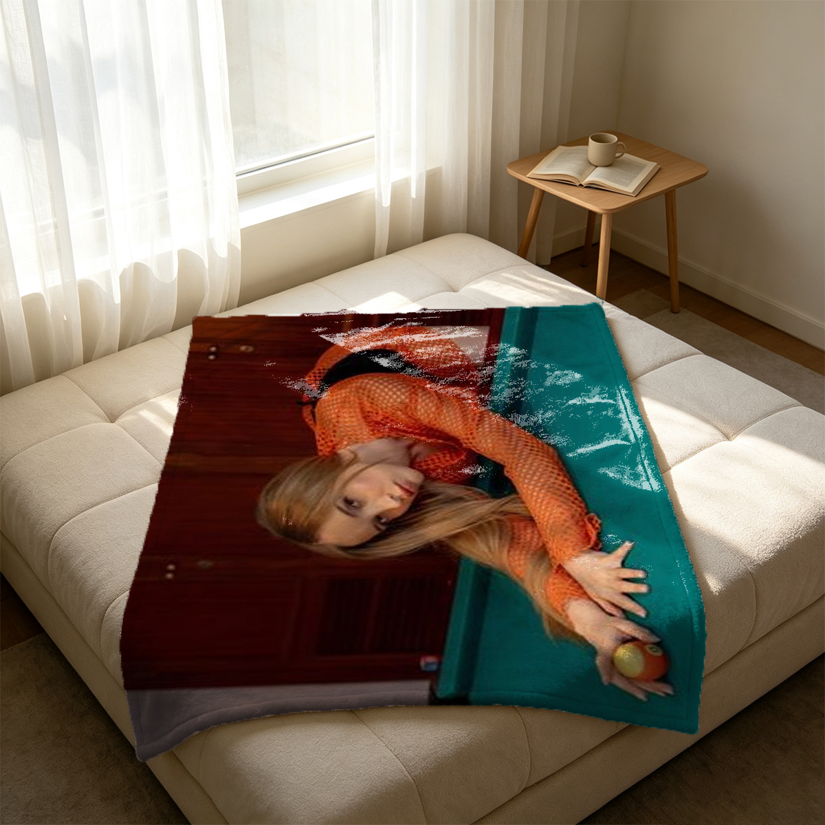 Nude Chinese beauty holding a halberd on wooden floor. - Blanket